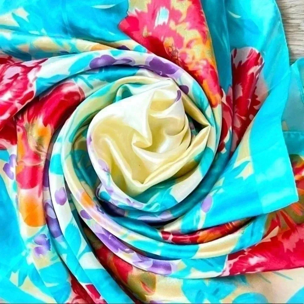 VINTAGE SCARF SQUARE PASTEL BLUE PINK YELLOW